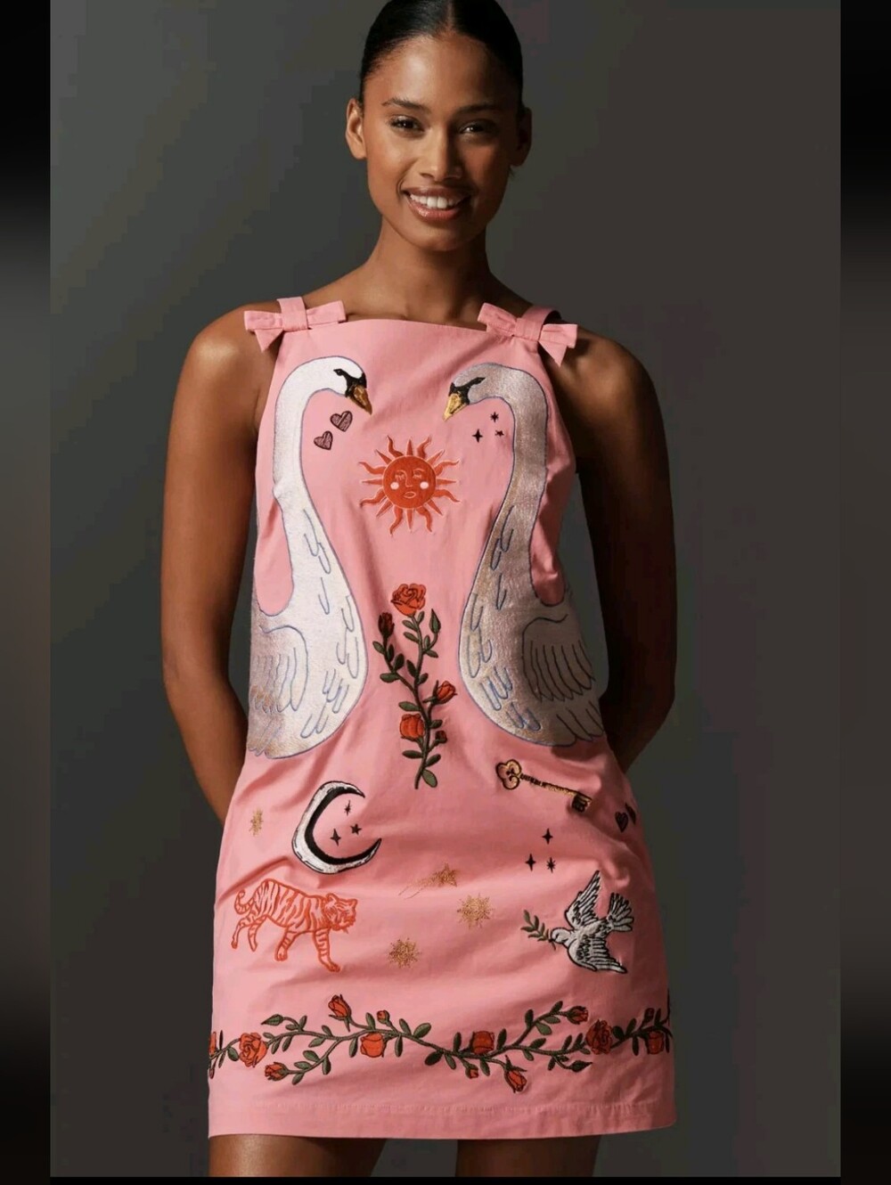 Anthropologie Pink Embroidered Swan Sundress_XS